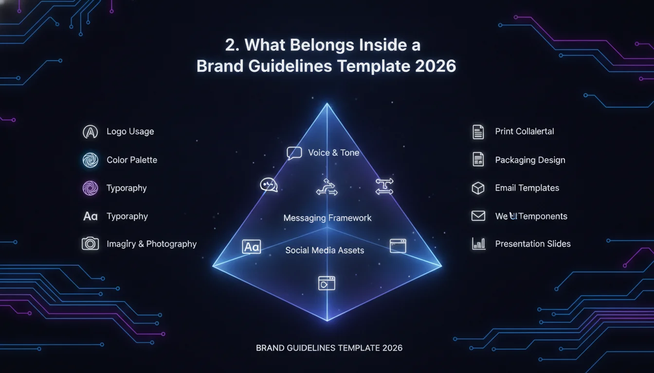 2. What Belongs Inside a Brand Guidelines Template 2026 — illustrated overview