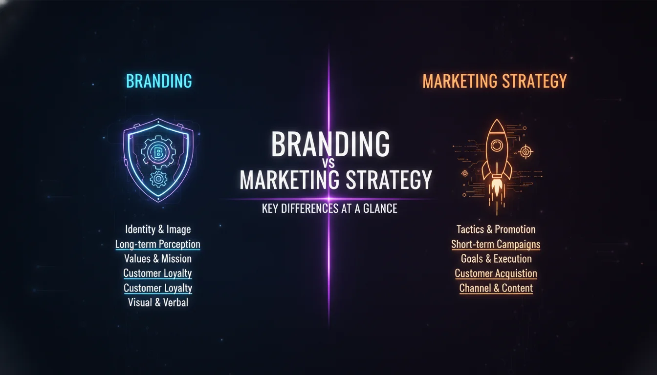 Visual guide to Branding vs Marketing Strategy: Key Differences at a Glance