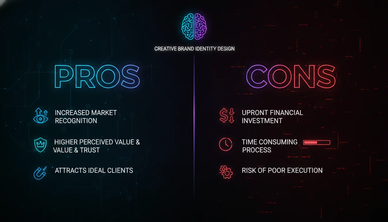 Pros and Cons of Investing in Creative Brand Identity Design — illustrated overview