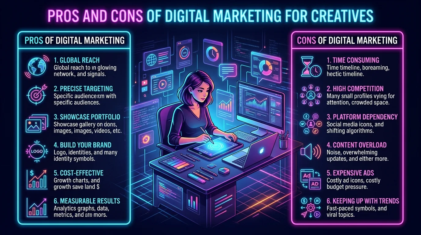 Pros and Cons of Digital Marketing for Creatives — illustrated overview