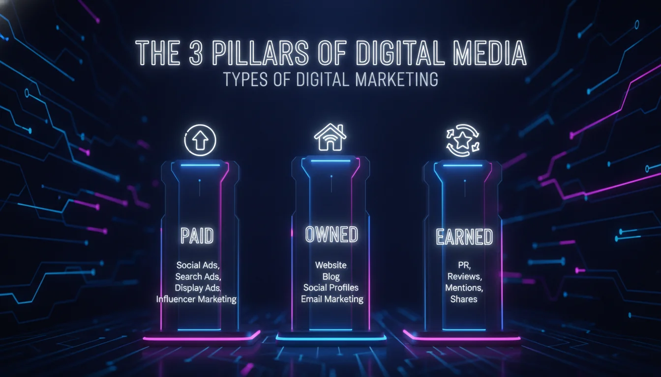 The 3 Pillars of Digital Media: Paid, Owned, and Earned — illustrated overview