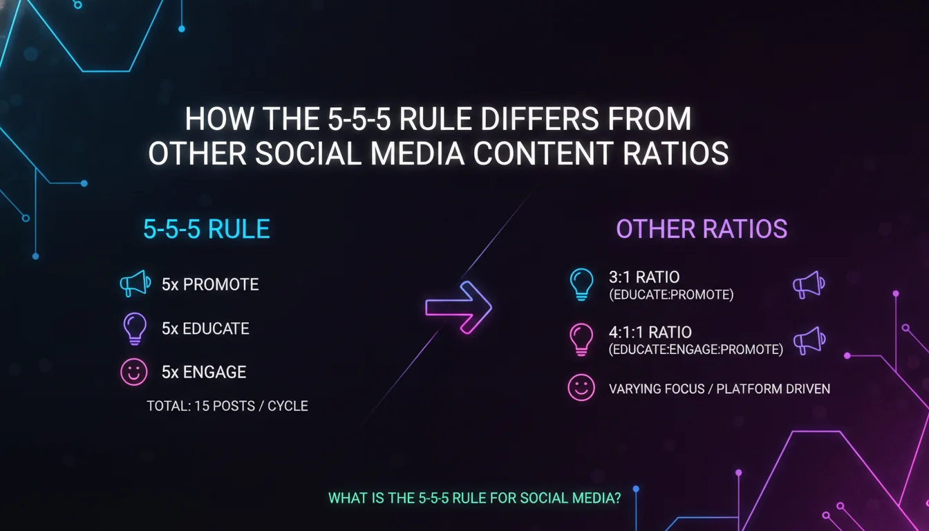 How the 5-5-5 Rule Differs from Other Social Media Content Ratios — illustrated overview